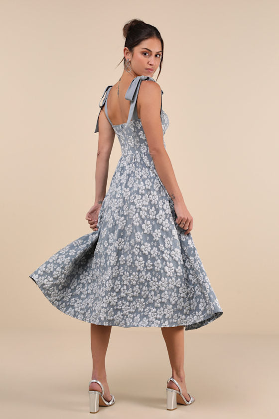 Bubbly Bliss Slate Blue Jacquard Bustier Tie-Strap Midi Dress