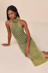 Truly Magnetic Washed Green Ribbed Turtleneck Midi Sweater Dress