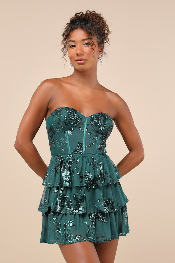 Definite Glamour Emerald Mesh Sequin Bustier Tiered Mini Dress