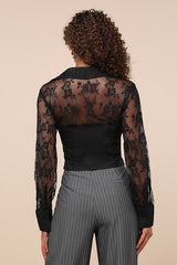 Major Affection Black Lace Collared Cropped Bustier Top