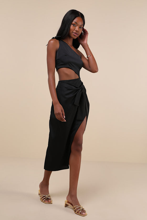 Vacay Beauty Black One-Shoulder Tie-Strap Midi Dress