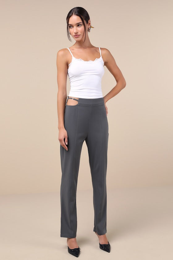 Polished Aura Dark Grey Cutout High-Rise Trousers