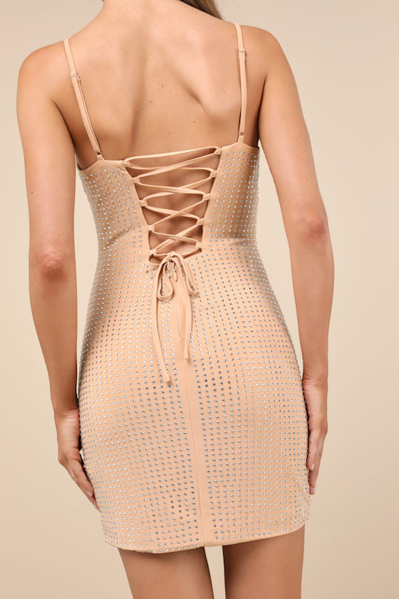 Glamorous Take Beige Rhinestone Lace-Up Bodycon Mini Dress