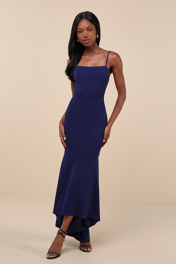 Stunning Enchantment Navy Backless Trumpet Hem Maxi Dress