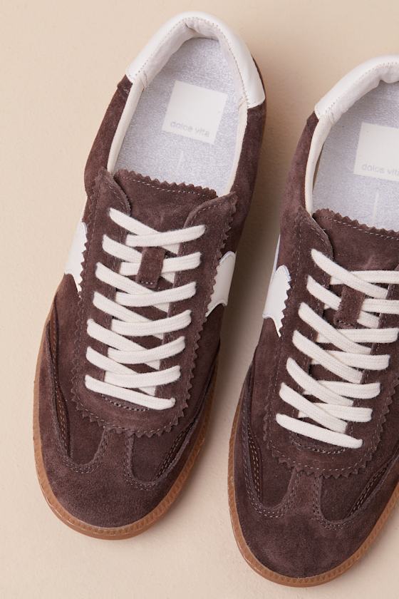 Notice Dark Brown Suede Leather Color Block Lace-Up Sneakers