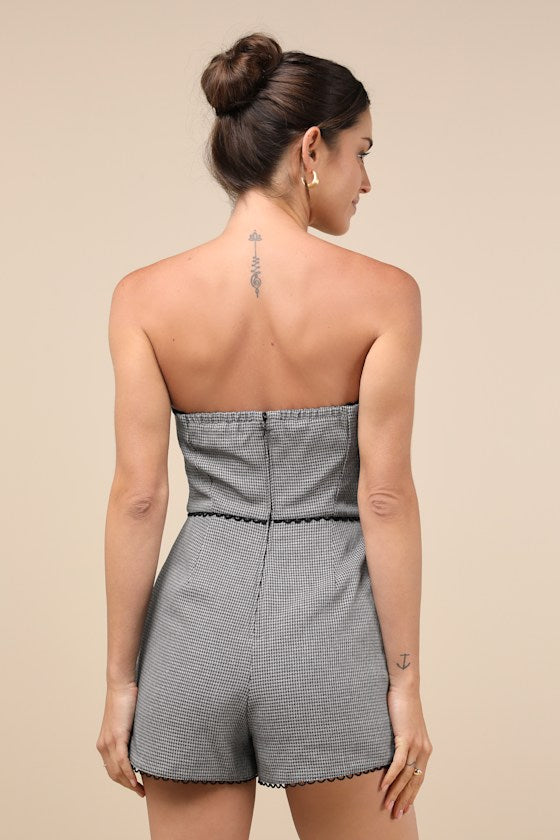 Sophisticated Attitude Grey Houndstooth Strapless Bustier Romper