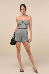 Sophisticated Attitude Grey Houndstooth Strapless Bustier Romper