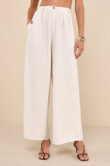 Sweet Instincts Beige Linen High-Waisted Wide-Leg Trouser Pants