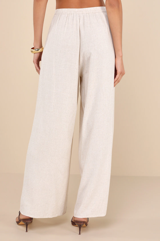 Sweet Instincts Beige Linen High-Waisted Wide-Leg Trouser Pants