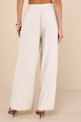 Sweet Instincts Beige Linen High-Waisted Wide-Leg Trouser Pants