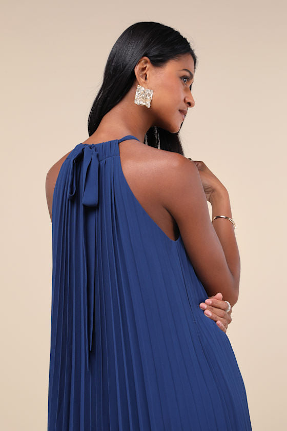 Exceptionally Elegant Blue Pleated Chiffon Maxi Dress