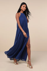Exceptionally Elegant Blue Pleated Chiffon Maxi Dress