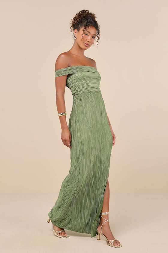 Poised Performance Olive Green Plisse One-Shoulder Maxi Dress