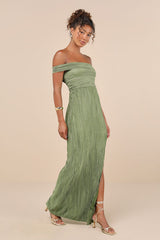 Poised Performance Olive Green Plisse One-Shoulder Maxi Dress