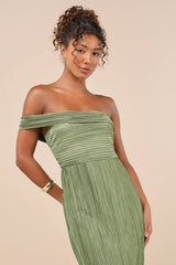 Poised Performance Olive Green Plisse One-Shoulder Maxi Dress