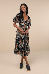 Fawning Favorite Black Floral Lace Tiered Lace-Up Midi Dress