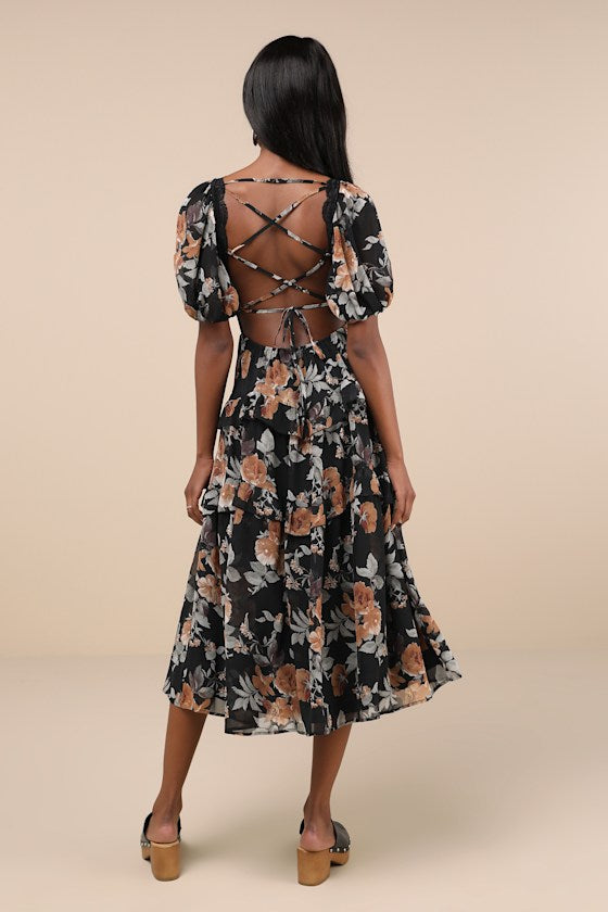 Fawning Favorite Black Floral Lace Tiered Lace-Up Midi Dress