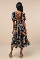 Fawning Favorite Black Floral Lace Tiered Lace-Up Midi Dress