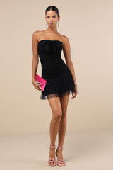 Picture-Perfect Persona Black Mesh Bow Ruched Mini Dress