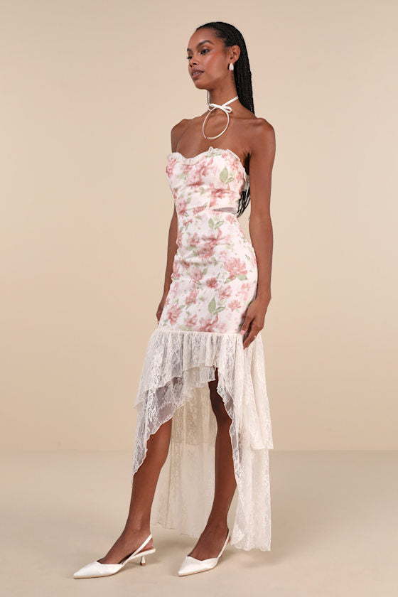 Prettiest Entrance Blush Pink Floral Lace Strapless Maxi Dress