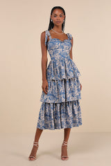 Lovely Bliss Blue Floral Jacquard Strapless Bustier Midi Dress