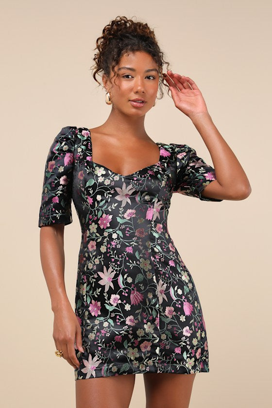 Decidedly Glam Black Floral Brocade Puff Sleeve Mini Dress