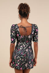 Decidedly Glam Black Floral Brocade Puff Sleeve Mini Dress