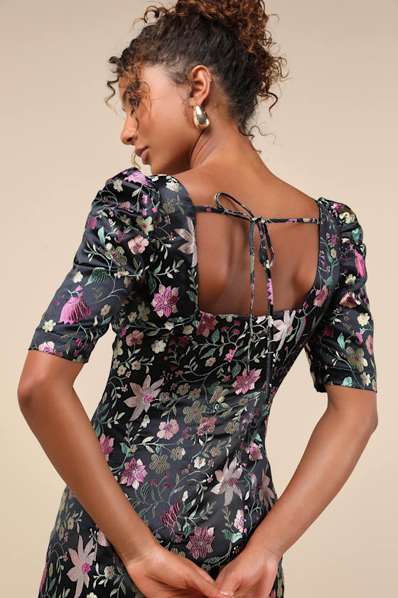 Decidedly Glam Black Floral Brocade Puff Sleeve Mini Dress