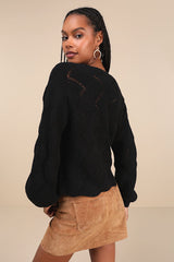 Cute Lifestyle Black Pointelle Knit V-Neck Sweater Top