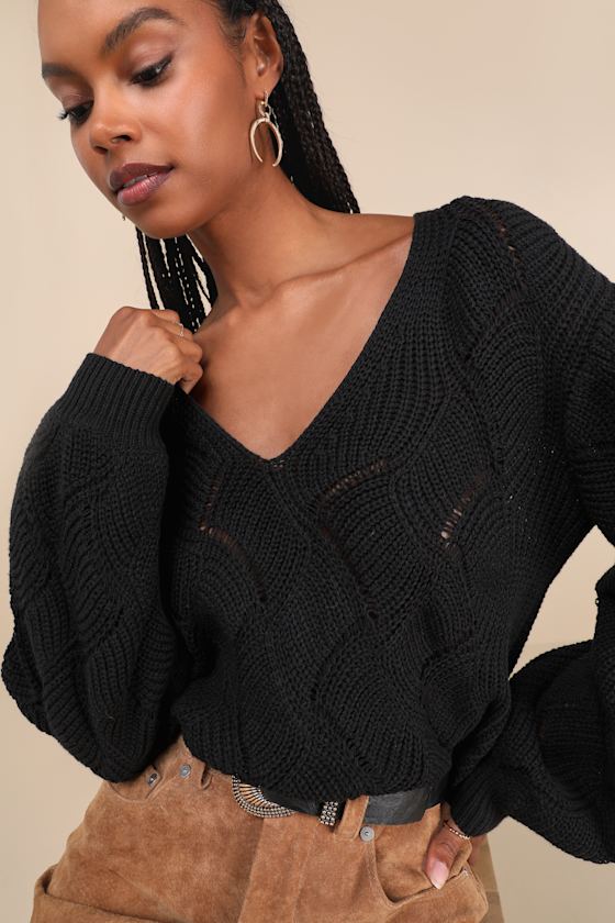 Cute Lifestyle Black Pointelle Knit V-Neck Sweater Top