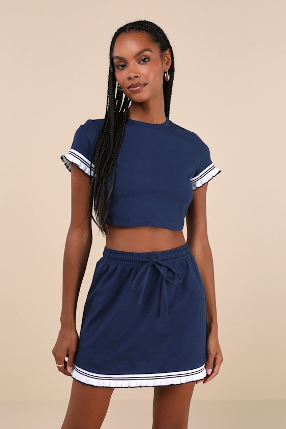 Sweet Score Navy Blue Ruffled Drawstring High-Rise Mini Skirt