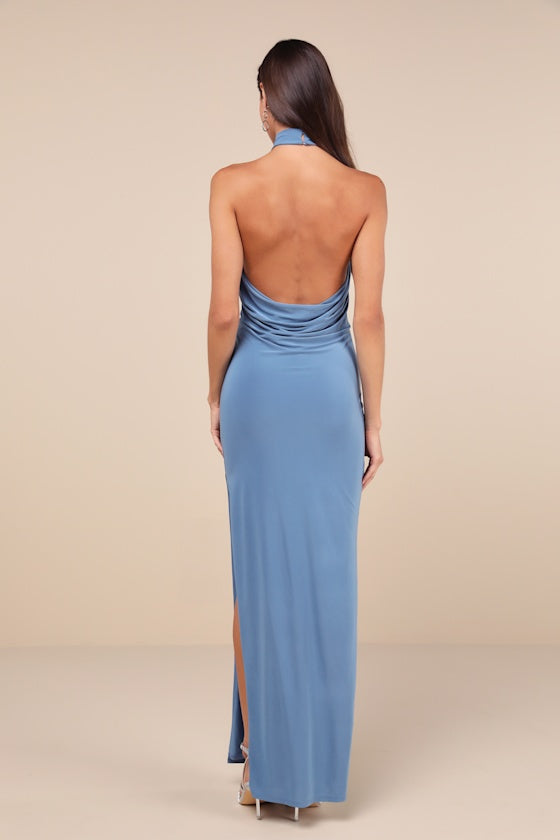 Flawless Expression Blue Mock Neck Halter Maxi Dress