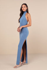 Flawless Expression Blue Mock Neck Halter Maxi Dress