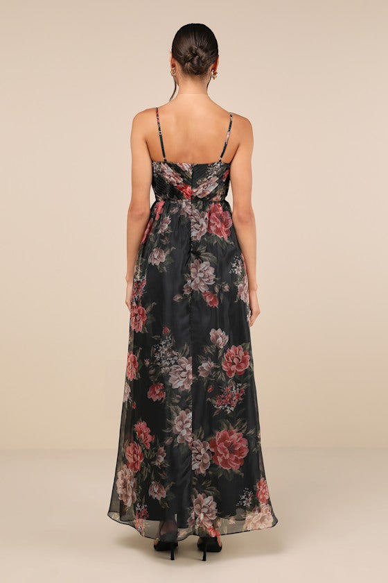 Truly Extraordinary Black Floral Organza Pleated Maxi Dress