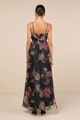 Truly Extraordinary Black Floral Organza Pleated Maxi Dress