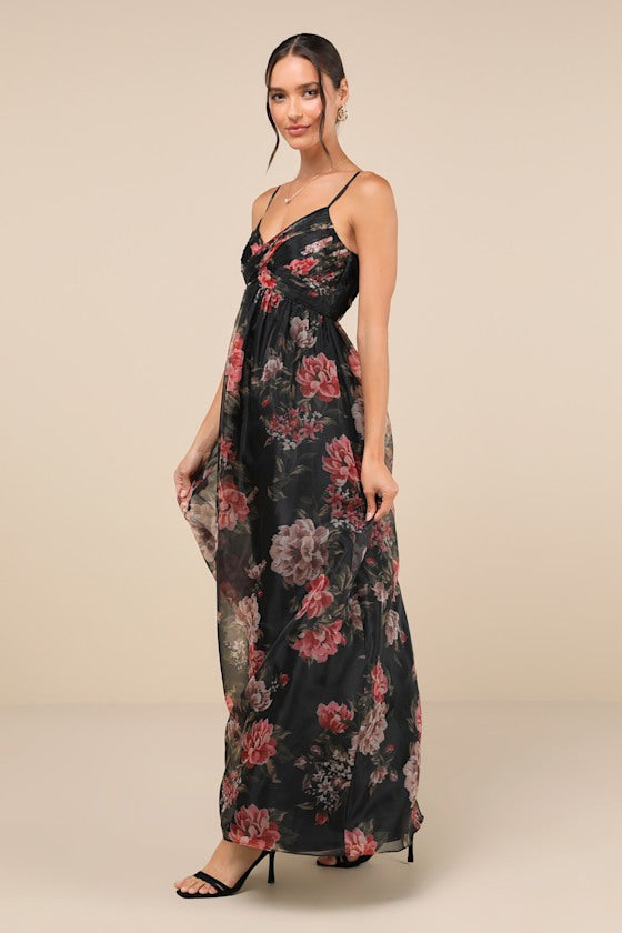 Truly Extraordinary Black Floral Organza Pleated Maxi Dress