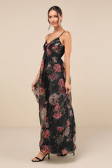 Truly Extraordinary Black Floral Organza Pleated Maxi Dress