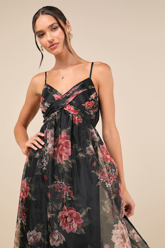 Truly Extraordinary Black Floral Organza Pleated Maxi Dress