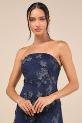 Rare Presence Navy Blue 3D Floral Embroidered Maxi Dress