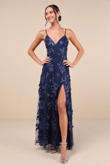 Rare Presence Navy Blue 3D Floral Surplice Maxi Dress