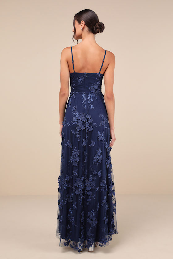Rare Presence Navy Blue 3D Floral Surplice Maxi Dress