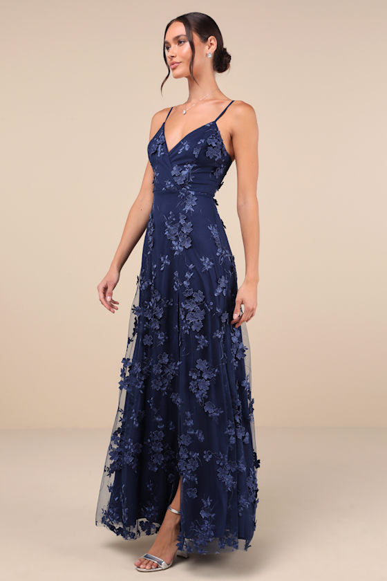 Rare Presence Navy Blue 3D Floral Surplice Maxi Dress