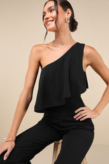 Flawless Vibes Black One-Shoulder Tiered Wide-Leg Jumpsuit