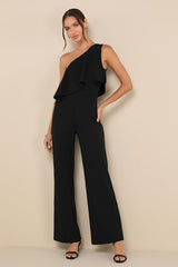 Flawless Vibes Black One-Shoulder Tiered Wide-Leg Jumpsuit