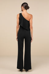 Flawless Vibes Black One-Shoulder Tiered Wide-Leg Jumpsuit