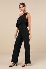 Flawless Vibes Black One-Shoulder Tiered Wide-Leg Jumpsuit