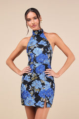 Extraordinary Impression Black Floral Jacquard Halter Mini Dress