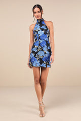 Extraordinary Impression Black Floral Jacquard Halter Mini Dress