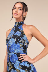 Extraordinary Impression Black Floral Jacquard Halter Mini Dress