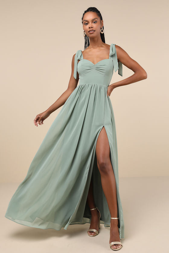 Radiant Charisma Sage Brush Chiffon Ruched Tie-Strap Maxi Dress